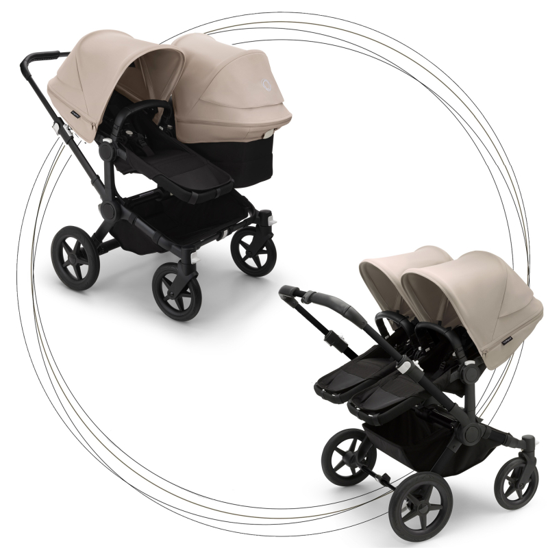 Súrodenecký kočík BUGABOO Donkey 5 Duo Podvozok Black , set textílií Midnight Black striešky Desert Taupe