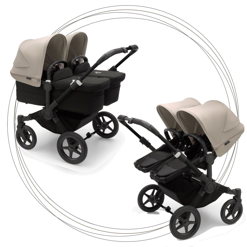 Kočík pre dvojičky BUGABOO Donkey 5 Twin Podvozok Black striešky, set textílií MIDNIGHT BLACK strieška desert taupe