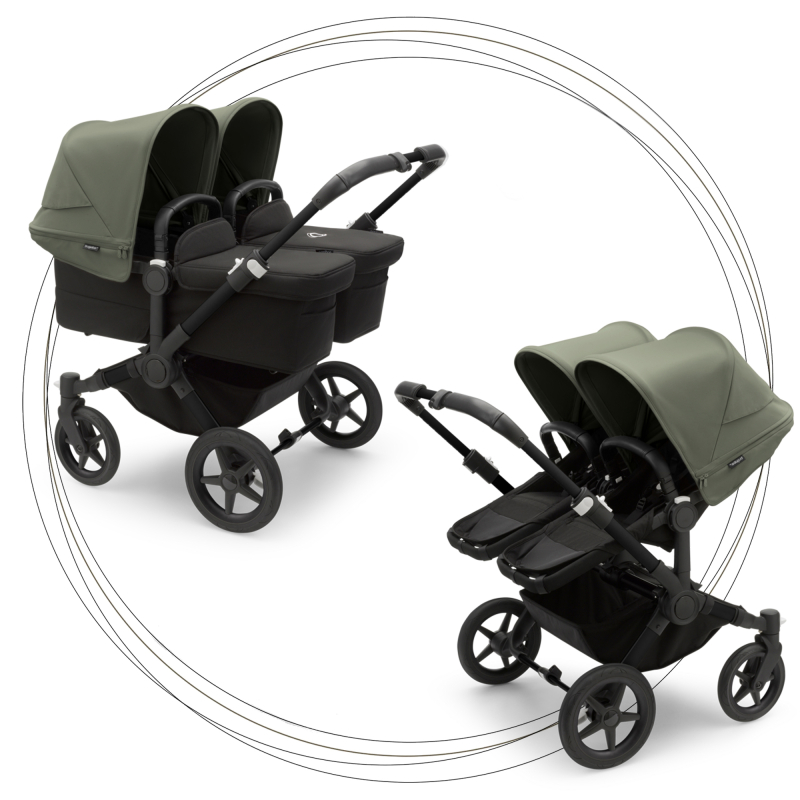 Kočík pre dvojičky BUGABOO Donkey 5 Twin Podvozok Black striešky, set textílií MIDNIGHT BLACK strieška