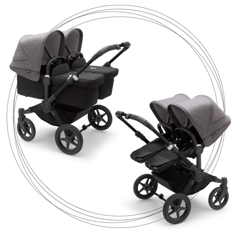 Kočík pre dvojičky BUGABOO Donkey 5 Twin Podvozok Black striešky, set textílií MIDNIGHT BLACK strieška