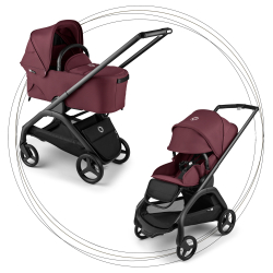 2 kombinácia BUGABOO Dragonfly - BLACK / DARK CHERRY strieška DARK CHERRY, hlboká vanička DARK CHERRY